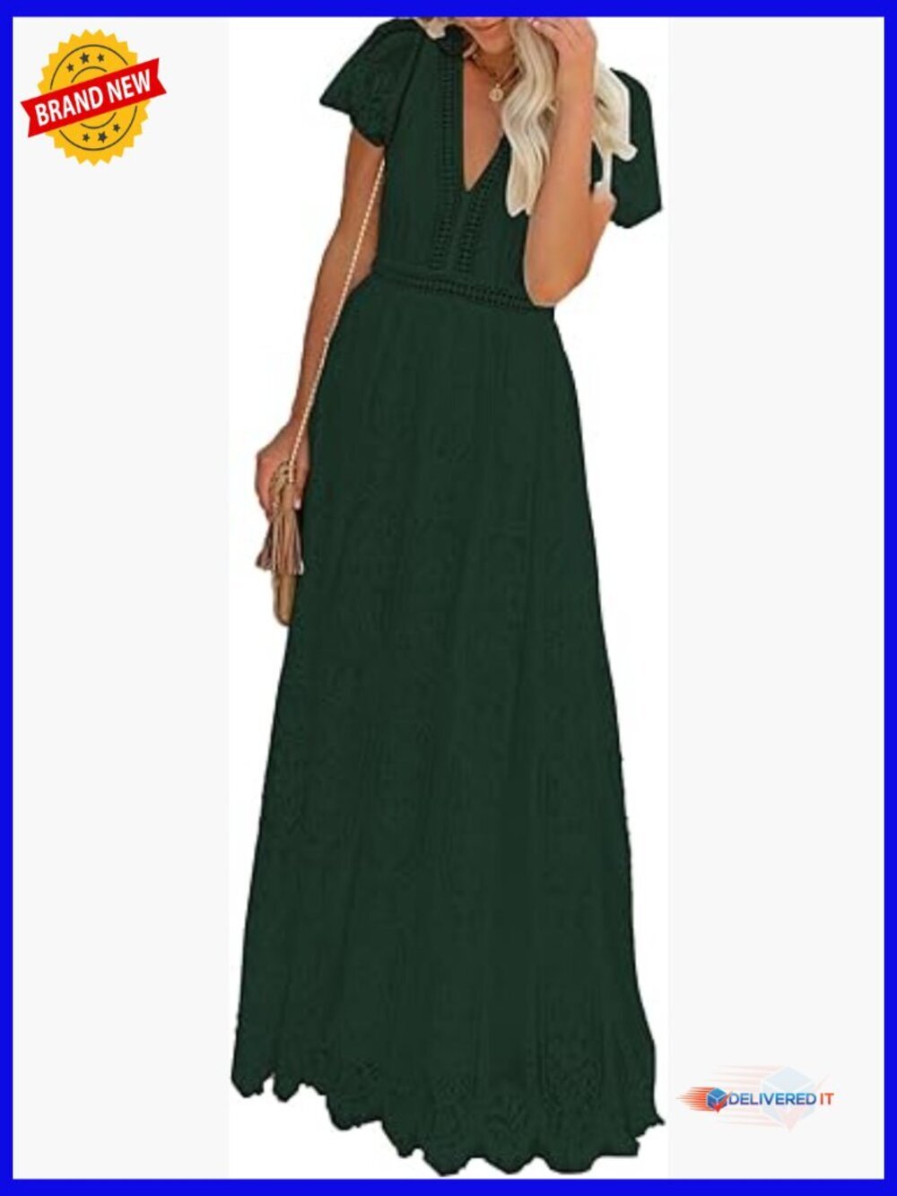 V-Neck Floral Lace Maxi Dress Long Sleeve Formal Wedding Guest Party